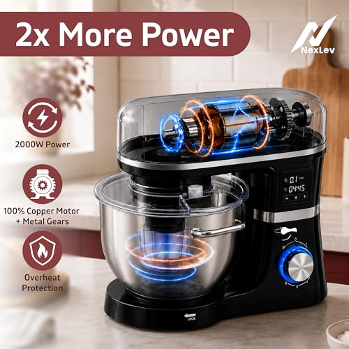 Image of NexLev Stand Mixer | 2000W Copper Motor Dough Maker Machine with Digital Timer, 6L Stainless Steel Bowl, 6 Speed + Pulse Control, Metal Gears, Planetary Rotation, Teflon Coated, ST-02