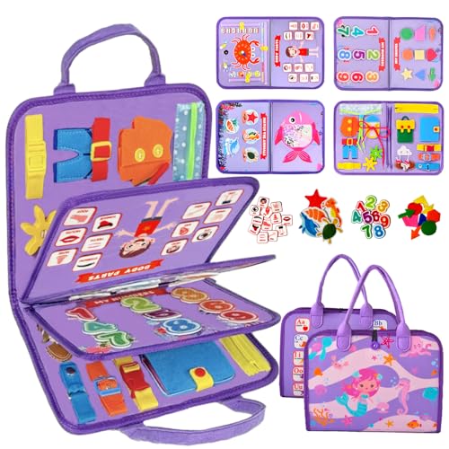 Image of Qizfun Montessori Busy Board Book for Toddlers, Mermaid Sensory Learning Toy for Girls, Educational Fine Motor Skills Toy, Travel Busy Board for Car & Airplane