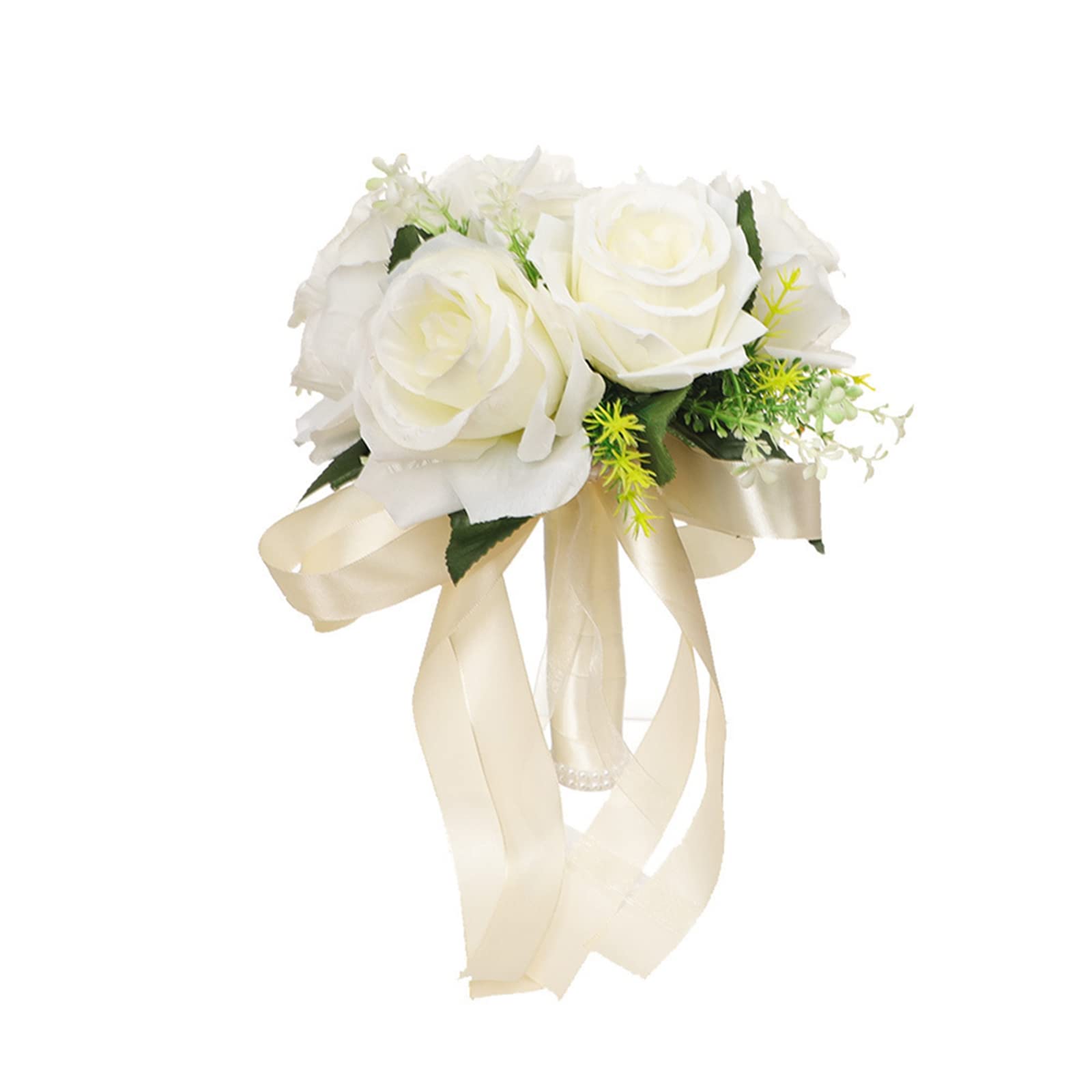 Jstdoit White B Bridal Bouquet For Brides Bridesmaids, Wedding Bouquets With Ribbon Holding Flowers Artificial Rose Flowers For Wedding Valentine's Day Church Party