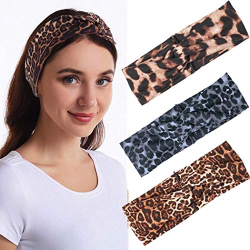 Gorais Boho Headbands Criss Cross Hair Bands Stretch Elastic Headpiece Workout Wide Head Wraps Knot Sweat Headband Stylish Hair Accessories for Women(Pack of 3) (B Leopard)