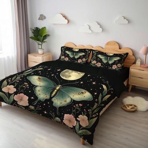 Juego de Funda Nórdica Cama 135/150,Fases Lunares Abstractas Plantas Polillas 220x240cm,Juego de 3 Piezas Ropa de Cama, Funda Poliéster Edredon Suave+ 2 * Fundas de Almohada