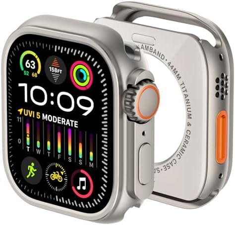 amBand 3 in 1 Metal Case Compatible with Apple Watch Series 6/5/4 SE 3/SE 2/SE 44mm, W1 Rugged Bumper Protector [Turning into Ultra 3/2/1 Upgrade] with Watch Crown + Back Cover, Natural Titanium