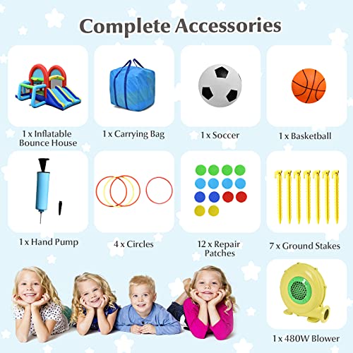 HONEY JOY Inflatable Bounce House, 8 in 1 Jump n’ Slide Bouncy House w/Jumping Area, Football Goal, Basketball Hoop, Target Game & Ring-toss, Indoor Outdoor Bouncy Castle for Kids(with 480w Blower) - Image 8