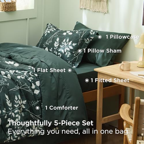 Image of Bedsure Floral Forest Green Comforter Set, Twin-XL Bedding Sets, Dorm, 5 Pc