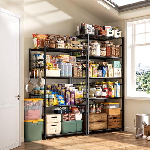 Image of DurayLoly Storage Shelves 5 Tier Capacity,Metaling Shelving with Hooks,Heavy Duty Garage Shelves Unit with Leveling Feet,Wire Shelving for Pantry,Kitchen and Closet,23.6 inch W x 13.8 inch D x 72.4 inch H,500lbs