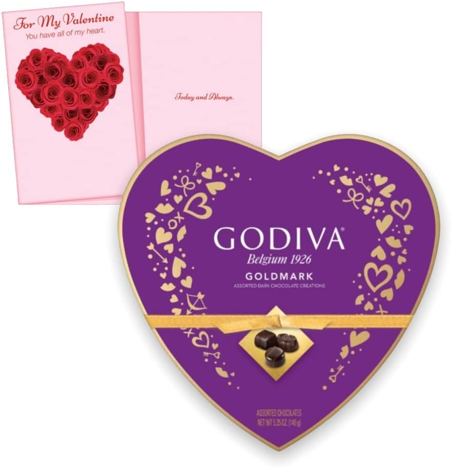 Godiva Valentine's Day Box Of Chocolate & Elegant Greeting Card Gift Set (Medium Heart Box 5.25oz Dark Chocolate + Valentine's Card)