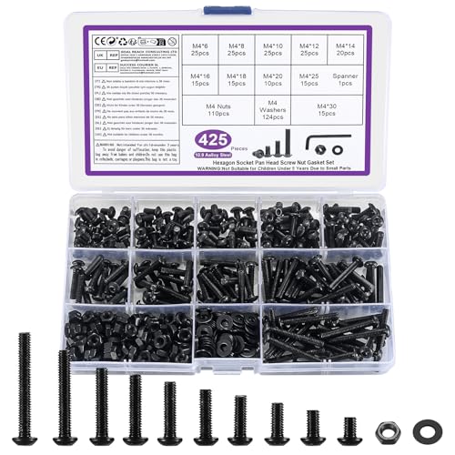 M4 Juego de Tornillos y Tuercas y Arandelas, 425 Pcs Métricos Tornillos de Cabeza Hueca Hexagonal Cilíndrico, Tornillería Tornillos Cabeza Hexagonales Redonda para Reparación Máquinas, Negro