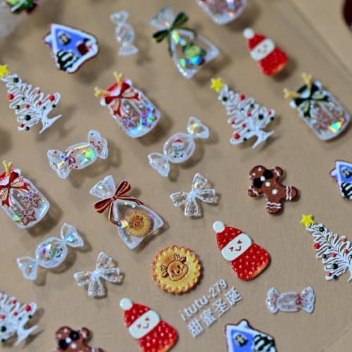 Image of Christmas Nail Stickers for Nail Art Xmas Tree Nail Decals Shiny Design Candy Bow Nails Art Decals Design 5D Embossed Self Adhesive for Women Girls Manicure DIY Decoration