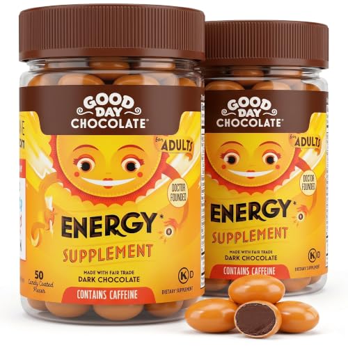 Good Day Chocolate Energy Supplements for Adults [2 Pack] Fair Trade Caffeine Chocolate with B-Vitamins Green Tea Extracts and 20 mg Caffeine Per Piece - Energy Booster for Women and Men