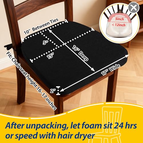 Image of AAAAAcessories D-Shaped Chair Cushions, 2 inch Thick Dining Chair Pads with Ties and Removable, Machine-Washable Cover, 17 inch x 16 inch, Black