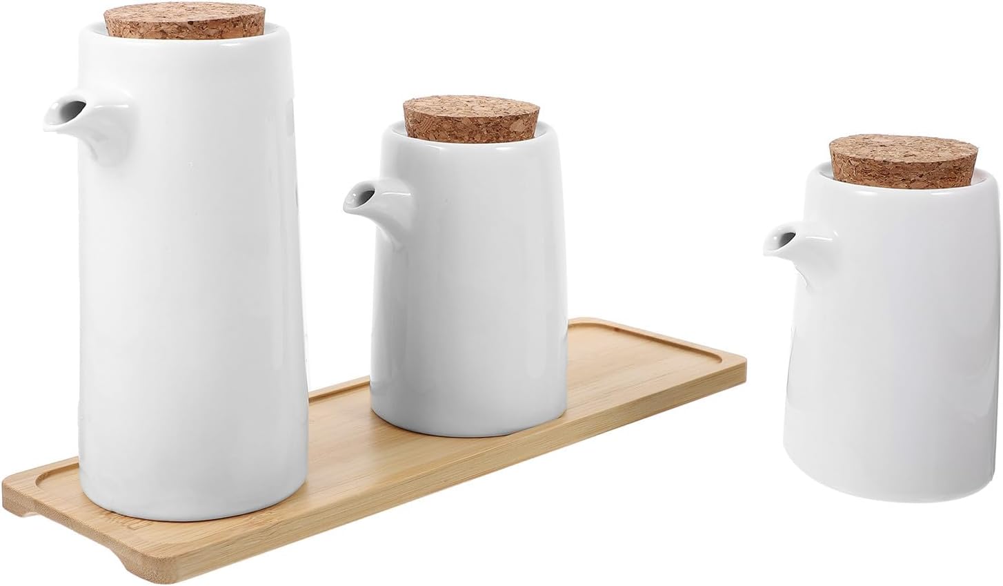 Japanese Style Ceramic Oil Dispenser and Vinegar Bottle Set with Wood Tray, 1 Large and 2 Small Soy Sauce Containers for Kitchen Cooking and Dining