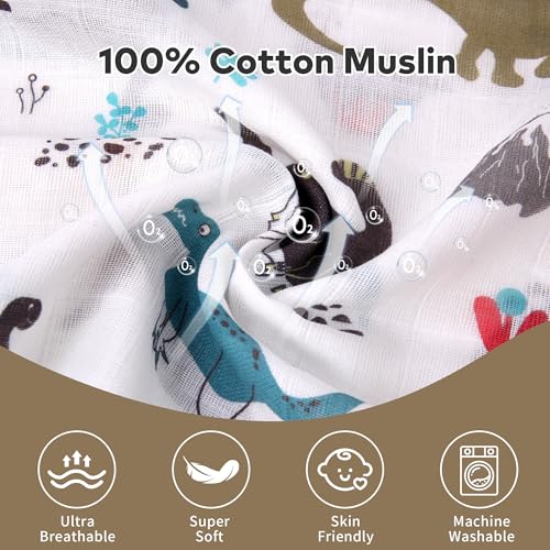 Image of Rquite Baby Boy Car Seat Cover, 100% Muslin Cotton Infant Carseat Canopy, Soft Breathable Stroller Sun Shade & Newborn Shower Gift, Large Size Universal Fit Summer, Hot & Warm Weather (Gray Dinosaur)