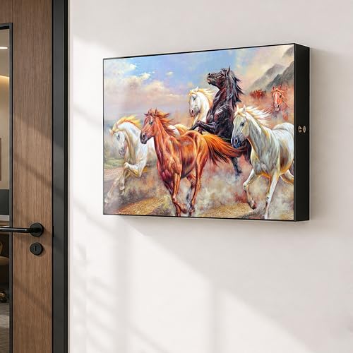 Image of Electric MCB Box Cover Frame With Hydraulic Decorative White 7 Running Horse Painting Electrical Panel box Cover, Switch Box Frame Will Fit Max 15x20 inch Switch Board, Outer Box Size 17X23 Inch
