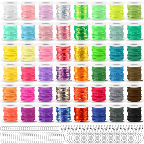Wesnoy Lanyard String Kit 48 Rolls Gimp Plastic Lanyard String for Bracelets Keychain DIY Crafts with Key Chain Rings Snap Clips Open Rings Lobster Clips Gimp Bracelet Making Kit(11 Yards)