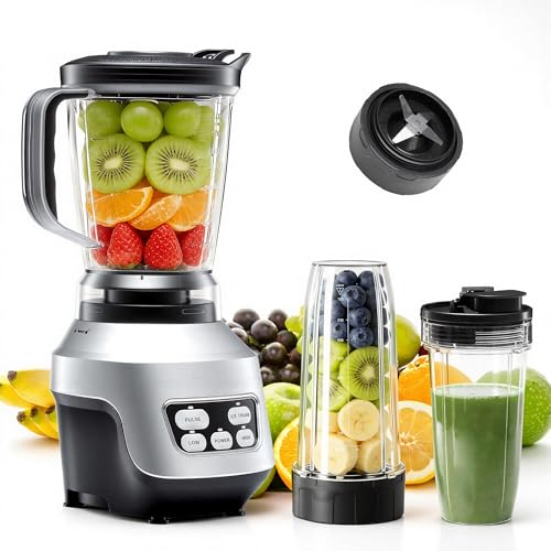 NEWBULIG Smoothie Blender with 6 Blades, Countertop Blenders with 24 34 60 oz BPA-Free Cups, Large Capacity, Portable and Easy Clean, for Kitchen, Ice Crush, Shakes, Sauces, Juice, Silver