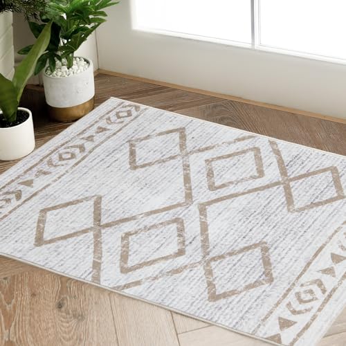 jinchan Moroccan 2x3 Rug for Entryway - Machine Washable Rug Modern Geometric Kitchen Soft Faux Wool Non-Slip Indoor Doormat Ultra-Thin Carpet for Ent