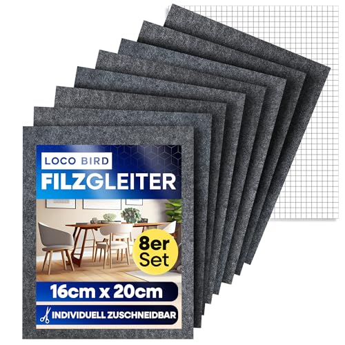 Loco Bird Filzgleiter Stühle Selbstklebend zum Zuschneiden - 8 Stück 16 x 20cm - 4mm grau, Möbelgleiter, Parkettschoner für stuhlbeine, Filzplatten, Filzkleber