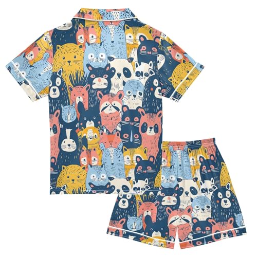 ALAZA Colored Animal Bear Satin Pajamas Set Short Sleeve Button Down Sleepwear Summer Pjs 2 Piece2
