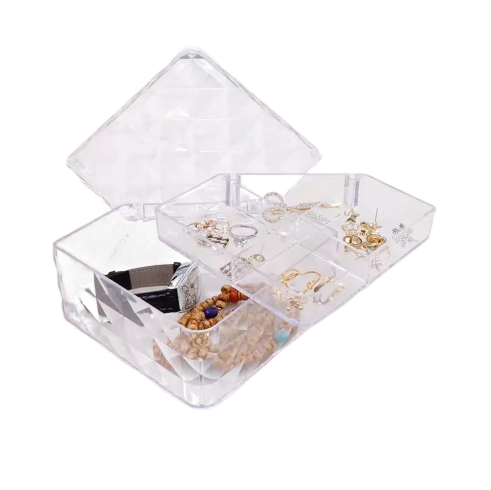 YCTTKDD Schmuckschatullen mit Rautenmuster, Schmuckaufbewahrung, Präsentationsboxen, Reise-Schmuckkästchen mit Deckel, Kunststoff-Organizer-Boxen für Damen (transparent) (transparent)