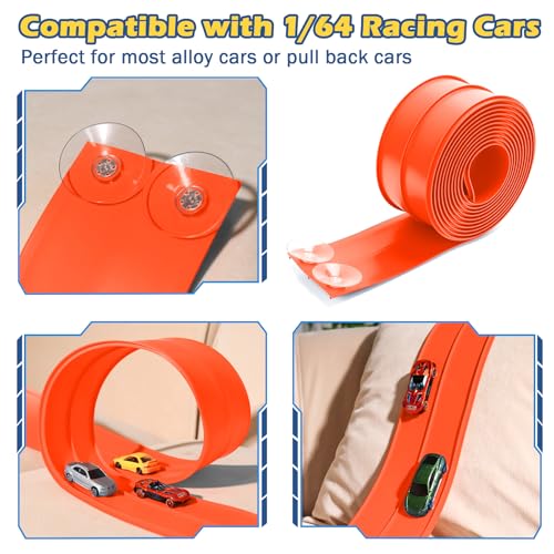 Image of Flexible Race Track for Kids, Flexible Car Track 15Ft Race Track Compatible with Diecast 1 /64th Cars, Roll Up Car Ramp Toy with Strong Suction Cups
