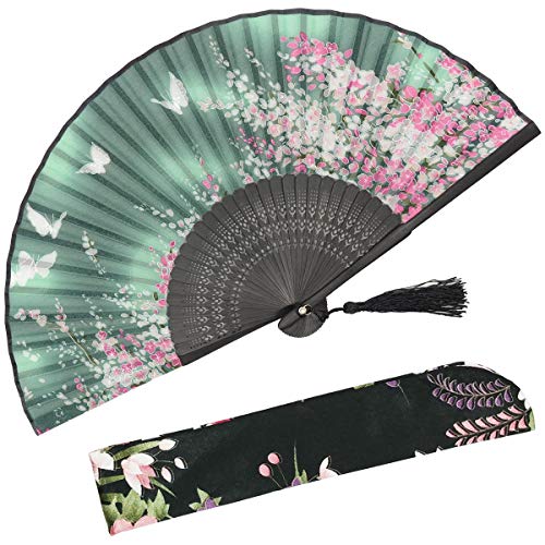 OMyTea Women Hand Held Silk Folding Fan with Bamboo Frame - with a