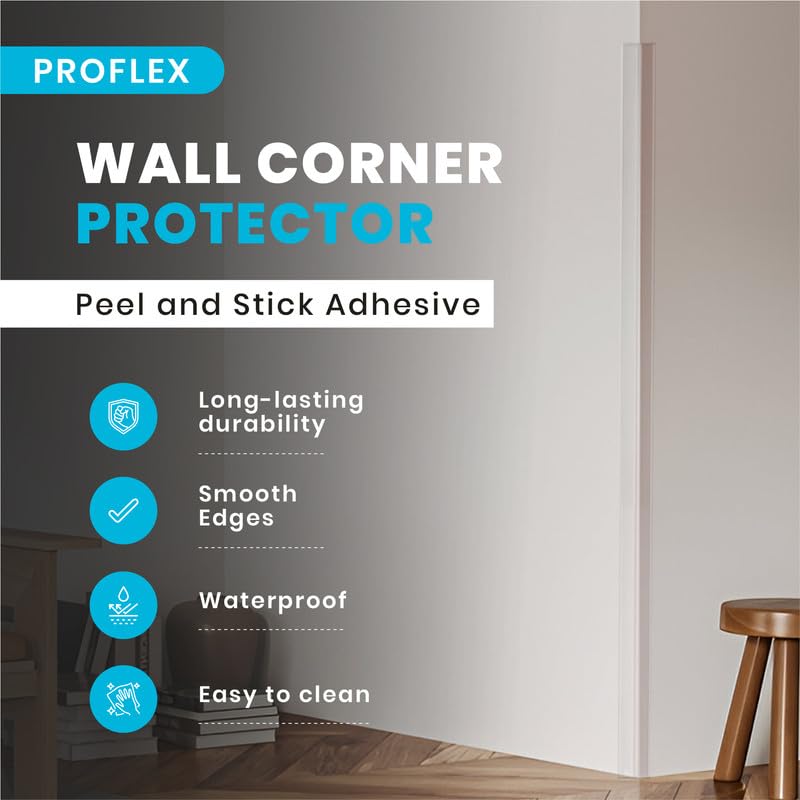 Proflex - Protector de esquina de pared, paquete de 6 protectores de esquina autoadhesivos para protección de bordes de paredes, 1 x 48 pulgadas, transparente, fácil de aplicar, no necesita