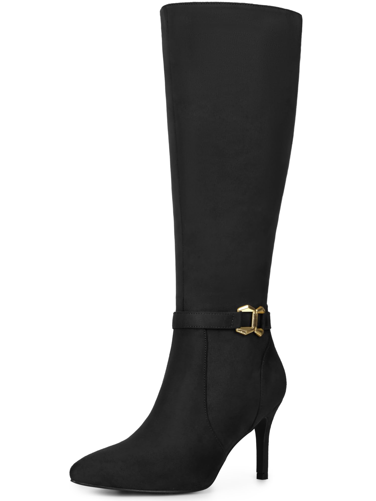 Allegra K Womens Buckle Pointed Toe Stiletto Heel Knee High Boots