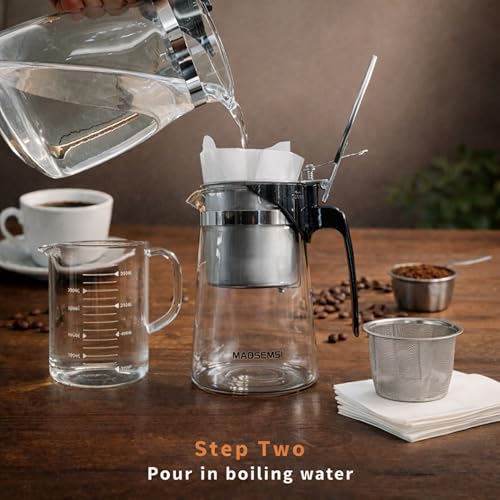 Image of Pour Over Coffee Maker Set, 304 Stainless Steel Coffee Dripper with On /Off Switch, Borosilicate Glass Small Coffee Pot, 50 Filter Papers, Multi-Functional Immersion Drip Cafe Brewer Machine (1, 250ml)