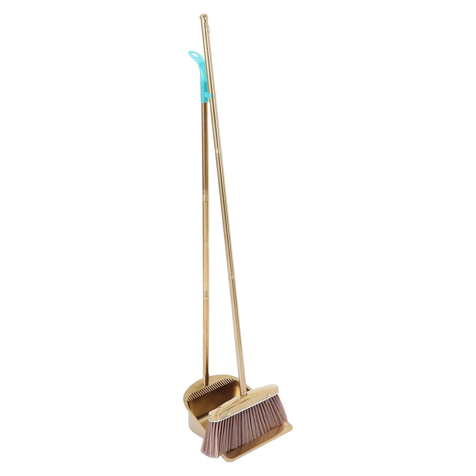 SHINEOFI Schwerer Besen mit Langem Griff und Goldfarbenem Edelstahl Inklusive Kehrschaufel mit Kammzähnen Praktisches Reinigungsset für Haushalt und Garten