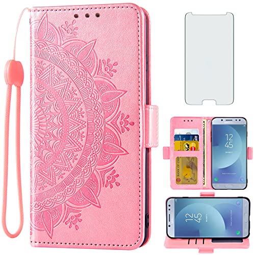 Asuwish Compatible with Samsung Galaxy J5 Pro 2017 J530 Wallet Case and Tempered Glass Screen Protector Credit Card Holder Flip Wrist Strap Cell Phone Cover for Gaxaly J5pro SM J530F J530G Rose Gold