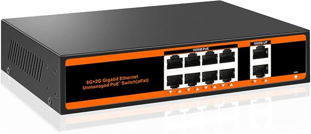 YIDUOYUNCAI 10 Port Gigabit Ethernet PoE Switch, 8 PoE+ Port, 2 Uplink Port, 150W, 802.3af/at, Metal, Fanless, Plug and Play, Unmanaged Network Switch