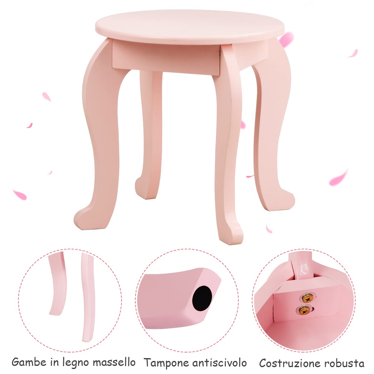 COSTWAY 2 in 1 Toeletta Trucco per Bambina 3+ Anni, Postazione Trucco Bambina a 3 Parti Rimovibile, Set in Legno di Pino con Sgabello, Cassetto e Dispositivo Anti-ribaltamento, per Cameretta (ROSA)