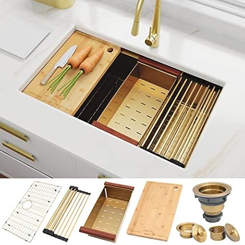 LQS 32 Inch Undermount Kitchen Sink , Gold Kitchen Sink, 32” x 19” Workstation Kitchen Sink Undermount, 16 Gauge Stainless Steel Kitchen Sink, Handmade Deep Single Bowl Kitchen Sink with Accessories Cover