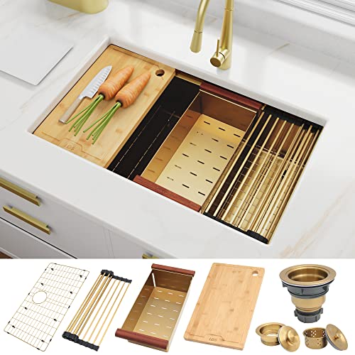 Lqs 32 Inch Undermount Kitchen Sink, Gold Kitchen Sink, 32” X 19” Workstation Kitchen Sink Undermount, 16 Gauge Stainless Steel Kitchen Sink, Handmade Deep Single Bowl Kitchen Sink With Accessories #TOP10
