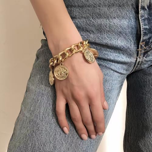 Chunky Chain Dangle Bracelet Punk Cuban Curb Link Chain Bangle Vintage Gold Moroccan Coin Statement Jewelry for Women4