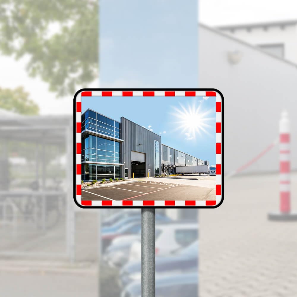 Edelstahl-Verkehrsspiegel mit Kunststoffrahmen, rot/weiß, rechteckig, 80 x 60 cm aus Stahl, Kunststoff, Art.-Nr. 41051 | Sicherheitsspiegel | Straßenspiegel