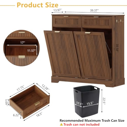 Image of Double 13 Gallon Tilt Out Trash Can Cabinet,Garbage Cabinet with Drawer | Hidden Garbage Storage with Fluted Design, Drawer & Hooks for Kitchen, Dining Room and Small Space Organization,Walnut