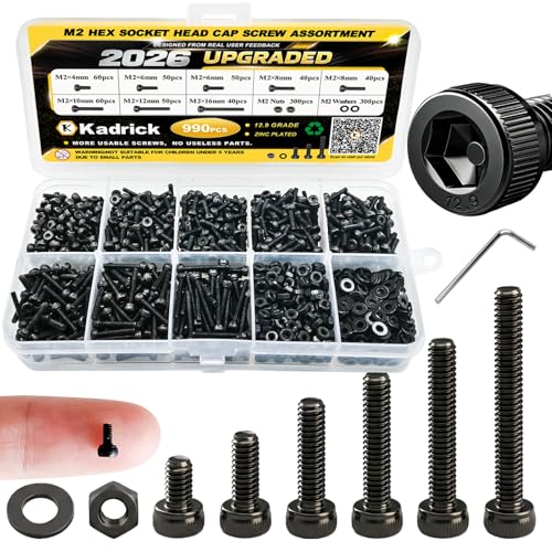 Image of Kadrick M2 Metric Screws Kit 990PCS, Optimized Assortment with More Screws & Smarter Size Distribution, Class 12.9 Socket Head Cap Screws, Black Zinc Plated M2 Bolts for Electronics & 3D Printing