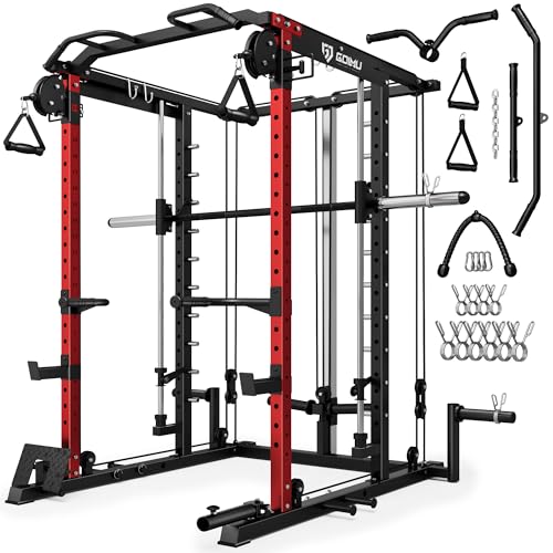 Goimu S1-V4 Smith Machine, 2000LBS Power Cage with Cable Crossover System, All-in-One Squat Rack with Smith Bar, Workout Cage Strength Training Equipment with Attachments (RD Package Smith Machine)
