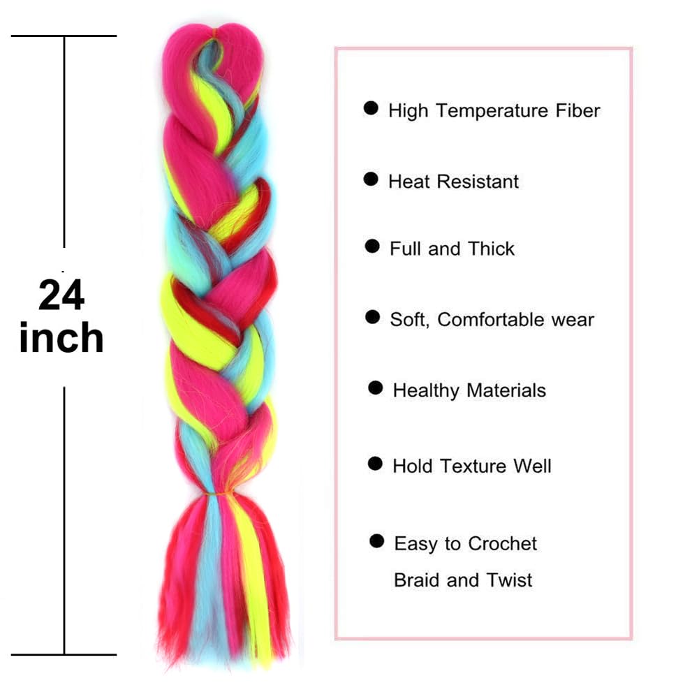 ColorfulPanda 3 packs Hair Extensions for Braiding Crochet Twist Hair Rainbow Color,Yaki Synthetic Easy Jumbo Braids Pre-stretched African Box Braided hair 24inch,Yellow/Blue/Red/Rose pink - Image 3