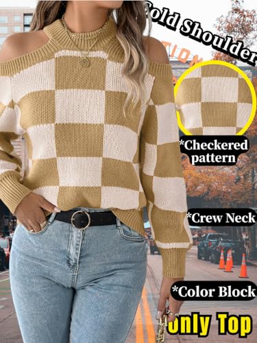 2000s Women Cold Shoulder Sweaters, Color Block Checkered Knit Sweater, Crewneck Long Sleeve Jumper Tops Fall Outfits2