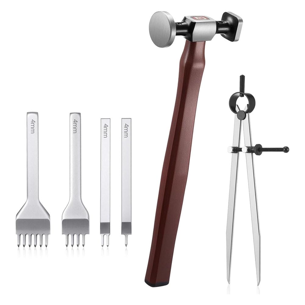 Koolenry As Shown 6 Pcs Leather Mallet Hammer Set Carbon Steel Double Head Hammer Math Compass Drafting For Craft Stamping And Sewing Tool