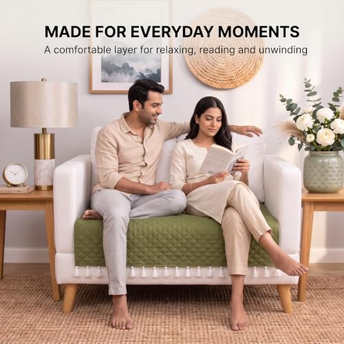 Image of BSB HOME 300 TC Premium Sofa Cover, Quilted Sofa Seat Cover with Decorative Tassels, Soft Comfortable Couch Protector, Stylish Furniture Cover for Living Room,60 x 48 Inches (152 x 122cm) - Sage Green