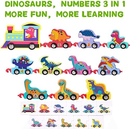Fogray Dinosaur Toys for 1 2 3 year old, Baby Toys 12+ Month, Montessori Toys for 1 2 3 Year Old, 11pcs Dinosaur Car Wooden Train Set with Numbers, Educational Learning Kids Toys for Boys Girls Gift
