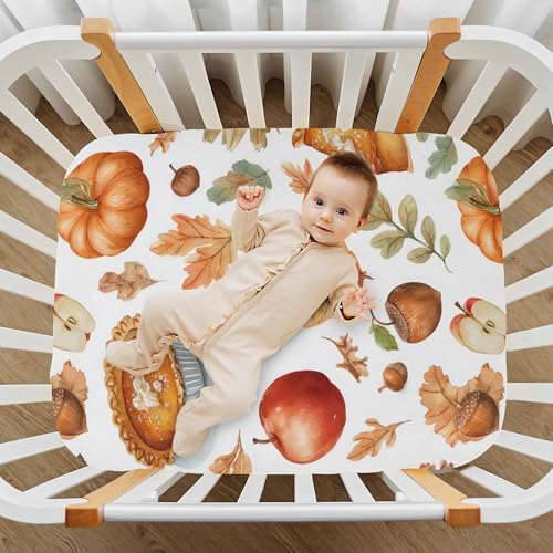 Image of Thanksgiving Pumpkins Pie Crib Sheets Soft Breathable Fitted Baby Crib Sheets Mattress Cover for Girls Boys, 52 inch x 28 inch x 9 inch