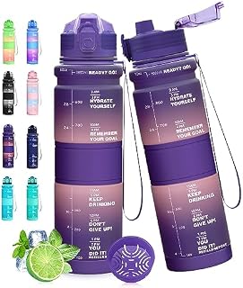 Expansea Motivational Water Bottle, 500ML/1L Sports Water Bottle with Time Marker, Motivational Fitness Plastic Drinks Bottle, Tritan, BPA FREE, Flip Top Leakproof Design for Running, Cycling