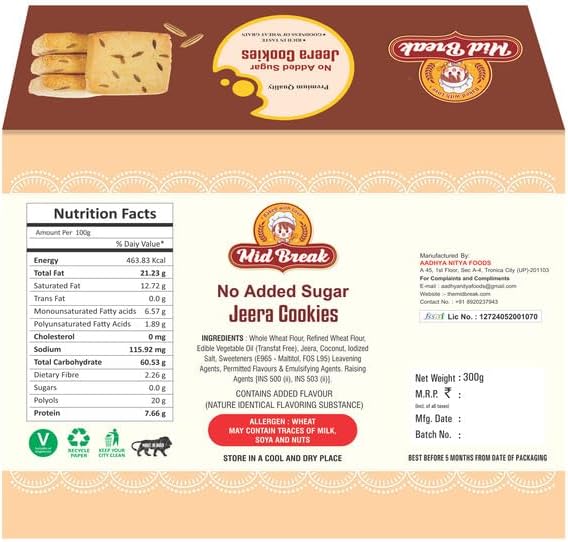MidBreak Sugar Free Jeera Biscuits - High Fiber Gut-Friendly Low Glycemic Index Biscuits Tasty Snack Healthy Pack of 2