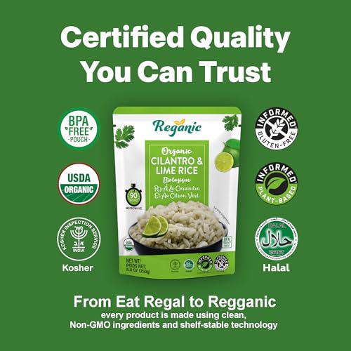 Image of Reganic Organic Rice Variety Pack - Whole Grain Brown Rice & Cilantro Lime Rice (6 Each) | High Protein, High Fiber, Ready in 1.5 Minutes | USDA Organic, Vegan, Gluten-Free, Non-GMO | 8.8 oz (Pack of 12)