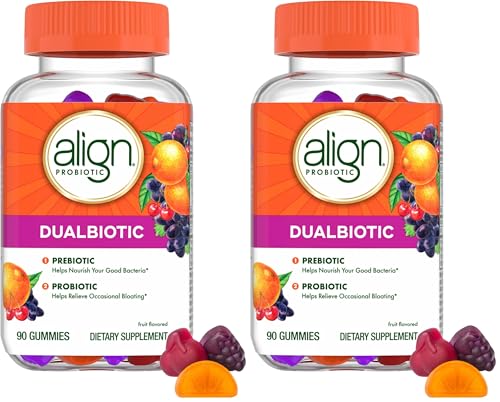 Image of Align Dualbiotic, Prebiotics and Probiotics for Women and Men, Probiotics for Digestive Health, Prebiotics Help Nourish Good Bacteria, Natural Fruit Flavors, 90 Probiotic Gummies,(Pack of 2)