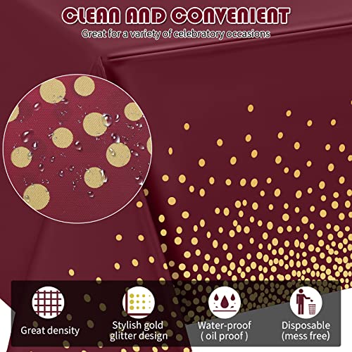 Tegeme 12 Packs Wine Red and Gold Plastic Table Cloths for Parties Disposable Graduation Ramadan Mubarak Tablecloths Decoration with Gold Stamping Dot 108 x 54'' for Birthday Graduation Ramadan Party by Tegeme - Used condition - Image 2